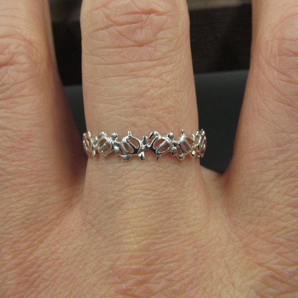 Size 9.75 Sterling Silver Tiny Turtles Band Ring - Picture 2 of 7